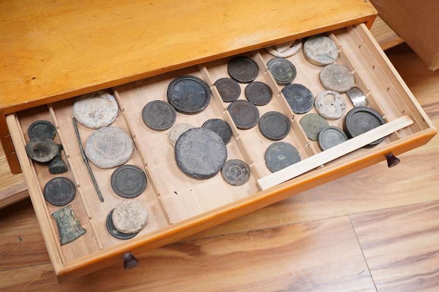 A collection of mainly 16th century to 19th century bronze and lead imperial circular trade weights, stamped with Royal Cyphers, weights, the dagger assay mark for London, other proof marks, etc., together with a few Geo